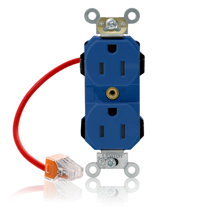 Leviton Lev-Lok Duplex Receptacle Outlet Heavy-Duty Industrial Spec Grade Split-Circuit Smooth Face 15 Amp 125V Modular Blue (M5262-SCB)