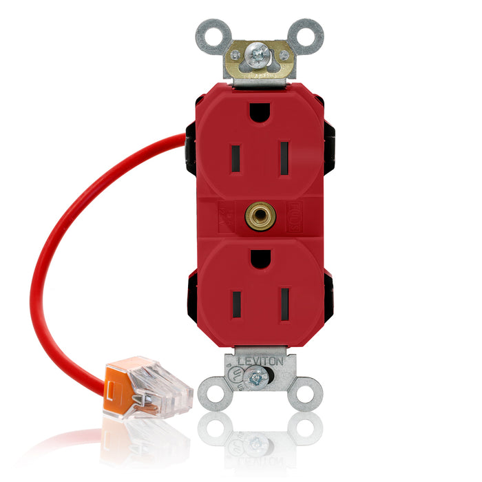 Leviton Lev-Lok Duplex Receptacle Outlet Heavy-Duty Industrial Spec Grade Split-Circuit Smooth Face 15 Amp 125V Modular Red (M5262-SCR)