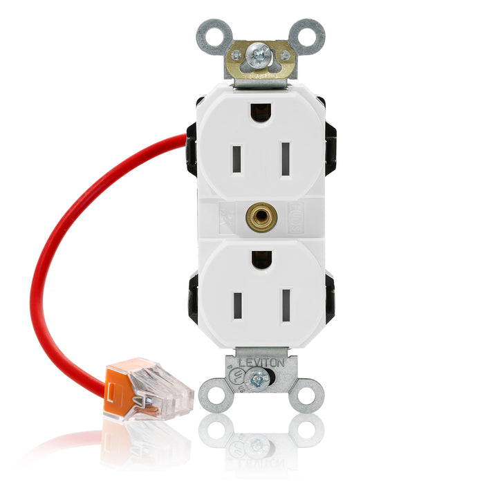 Leviton Lev-Lok Duplex Receptacle Outlet Heavy-Duty Industrial Spec Grade Split-Circuit Smooth Face 15 Amp 125V Modular White (M5262-SCW)