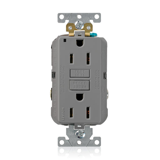Leviton SmartlockPro Self-Test GFCI Duplex Receptacle Outlet Extra Heavy-Duty Industrial 15A 125V Back Or Side Wire Gray (G5262-GY)