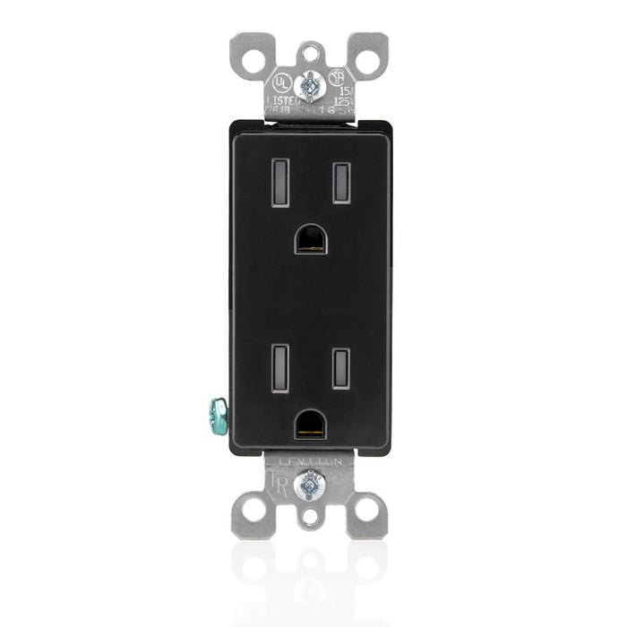 Leviton 15 Amp 125V NEMA 5-15R Pole 2 3-Wire Tamper-Resistant Decora Duplex Receptacle/Outlet QuickWire Push-In And Side-Wired Black (T5325-E)