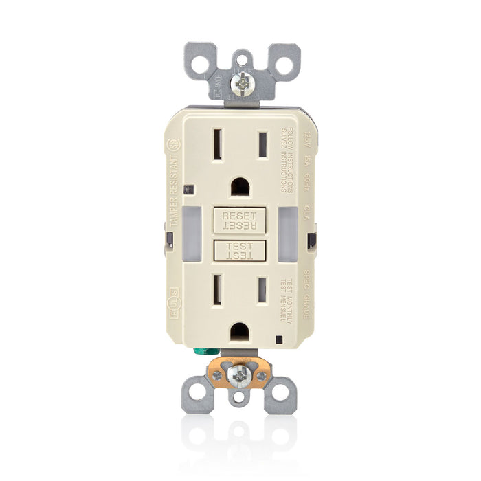 Leviton 15 Amp 125V Receptacle/Outlet 20 Amp Feed-Through Tamper-Resistant Self-Test SmartlockPro Slim Guide Light GFCI Monochromatic Light Almond (GFNL1-T)