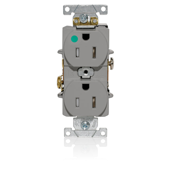 Leviton Duplex Receptacle Outlet Heavy-Duty Hospital Grade Tamper-Resistant Smooth Face 15 Amp 125V Back Or Side Wire NEMA 5-15R Gray (T8200-GY)