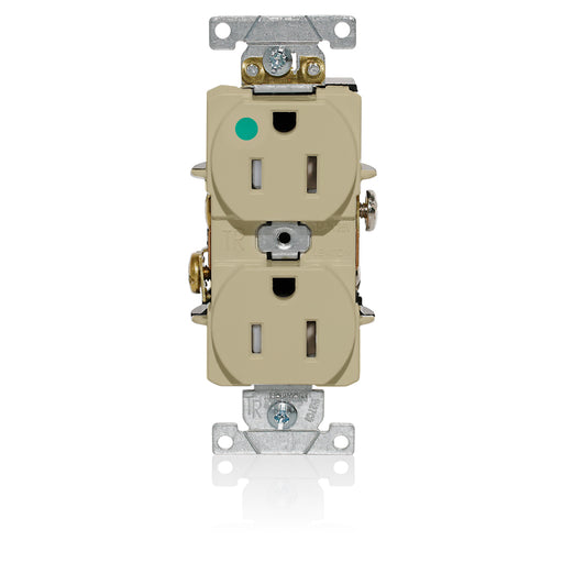 Leviton Duplex Receptacle Outlet Heavy-Duty Hospital Grade Tamper-Resistant Smooth Face 15 Amp 125V Back Or Side Wire NEMA 5-15R Ivory (T8200-I)