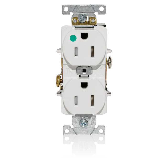 Leviton Duplex Receptacle Outlet Heavy-Duty Hospital Grade Tamper-Resistant Smooth Face 15 Amp 125V Back Or Side Wire NEMA 5-15R White (T8200-W)