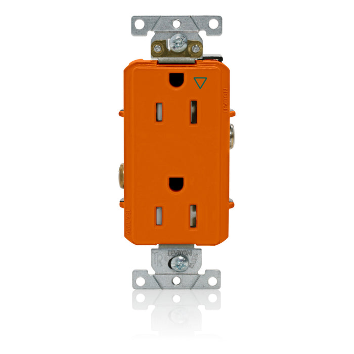 Leviton Decora Plus Isolated Ground Duplex Receptacle Outlet Heavy-Duty Industrial Spec Grade Tamper-Resistant 15 Amp 125V Back Or Side Wire Orange (T1626-IG)