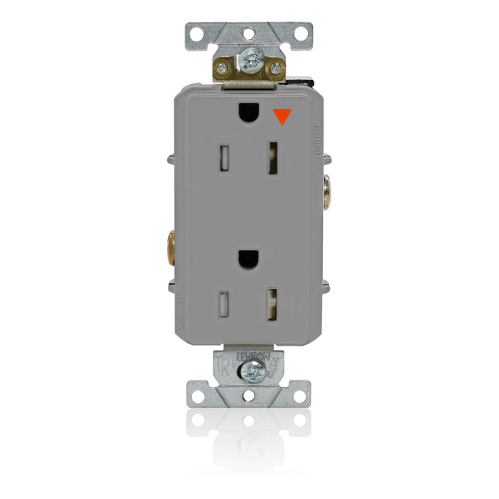 Leviton Decora Plus Isolated Ground Duplex Receptacle Outlet Heavy-Duty Industrial Spec Grade Tamper-Resistant 15 Amp 125V Back Or Side Wire Gray (T1626-IGG)