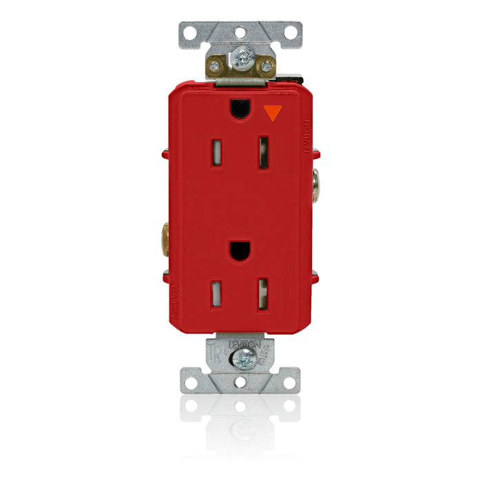 Leviton Decora Plus Isolated Ground Duplex Receptacle Outlet Heavy-Duty Industrial Spec Grade Tamper-Resistant 15 Amp 125V Back Or Side Wire Red (T1626-IGR)