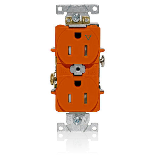 Leviton Isolated Ground Duplex Receptacle Outlet Heavy-Duty Industrial Spec Grade Tamper-Resistant 15 Amp 125V Back Or Side Wire Orange (T5262-IG)