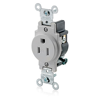 Leviton Single Receptacle Outlet Commercial Spec Grade Tamper-Resistant Smooth Face 15 Amp 125V Side Wire NEMA 5 (T5015-GY)