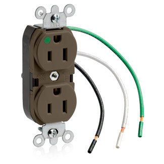 Leviton Duplex Receptacle Outlet Heavy-Duty Hospital Grade Smooth Face 15 Amp 125V Pre-Wired Leads NEMA 5-15R 2-Pole 3-Wire Brown (8200-L)