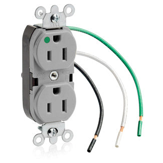 Leviton Duplex Receptacle Outlet Heavy-Duty Hospital Grade Smooth Face 15 Amp 125V Pre-Wired Leads NEMA 5-15R 2-Pole 3-Wire Gray (8200-LGY)