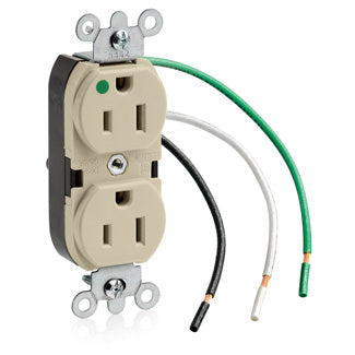 Leviton Duplex Receptacle Outlet Heavy-Duty Hospital Grade Smooth Face 15 Amp 125V Pre-Wired Leads NEMA 5-15R 2-Pole 3-Wire Ivory (8200-LI)
