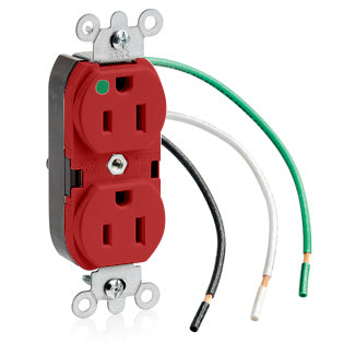 Leviton Duplex Receptacle Outlet Heavy-Duty Hospital Grade Smooth Face 15 Amp 125V Pre-Wired Leads NEMA 5-15R 2-Pole 3-Wire Red (8200-LR)