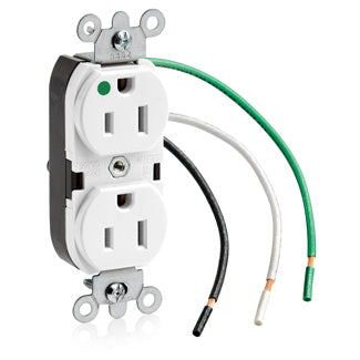 Leviton Duplex Receptacle Outlet Heavy-Duty Hospital Grade Smooth Face 15 Amp 125V Pre-Wired Leads NEMA 5-15R 2-Pole 3-Wire White (8200-LW)