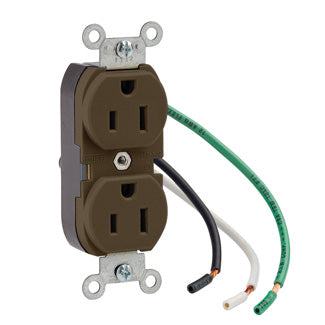 Leviton Duplex Receptacle Outlet Heavy-Duty Industrial Spec Grade Smooth Face 15 Amp 125V Pre-Wired Leads NEMA 5-15R Brown (5262-L0)