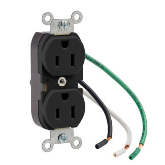Leviton Duplex Receptacle Outlet Heavy-Duty Industrial Spec Grade Smooth Face 15 Amp 125V Pre-Wired Leads NEMA 5-15R Black (5262-LE)