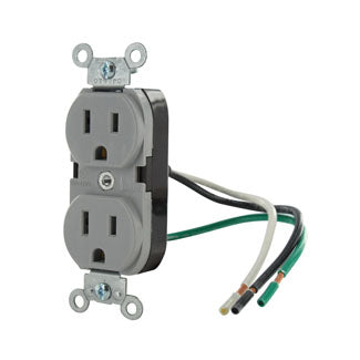 Leviton Duplex Receptacle Outlet Heavy-Duty Industrial Spec Grade Smooth Face 15 Amp 125V Pre-Wired Leads NEMA 5-15R Gray (5262-LGY)