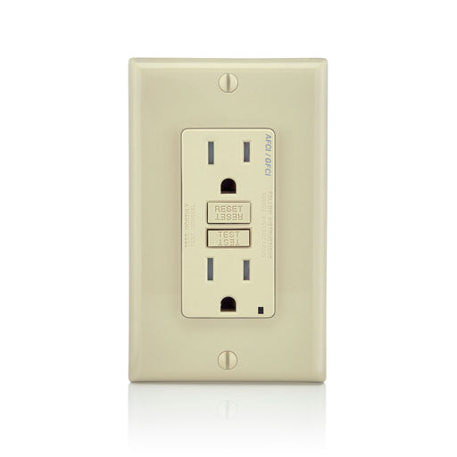 Leviton 15 Amp 125V Dual Function AFCI/GFCI Receptacle 20 Amp Feed-Through Tamper-Resistant Monochromatic Back And Side Wire Ivory (AGTR1-I)