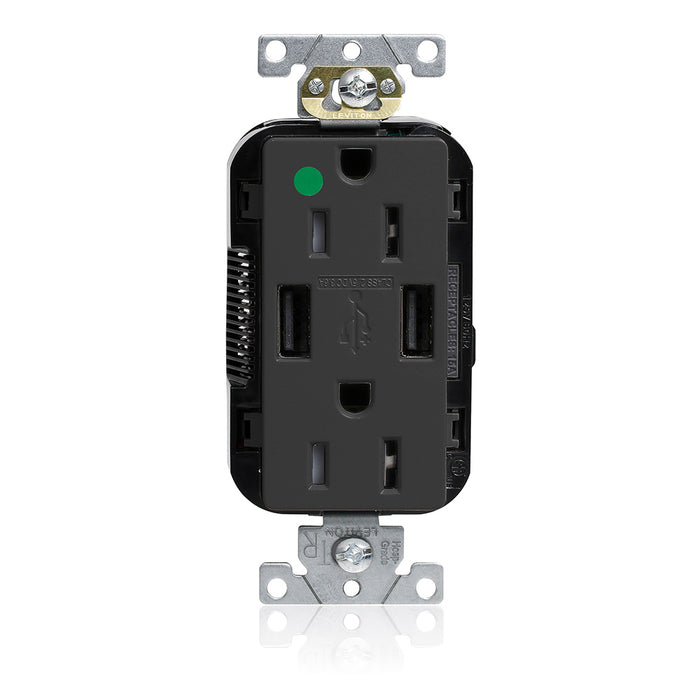 Leviton 15A Lev-Lok USB Tamper-Resistant Hospital-Grade Outlet Type A-A Black (M56AA-HGE)