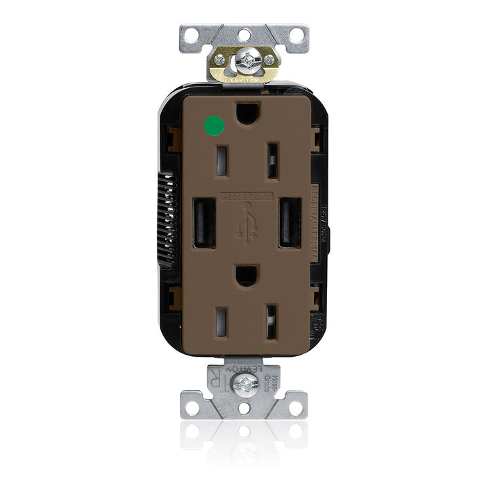 Leviton 15A Lev-Lok USB Tamper-Resistant Hospital-Grade Outlet Type A-A Brown (M56AA-HG)