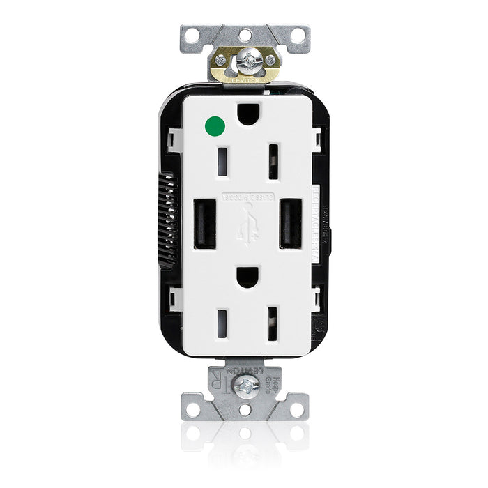 Leviton 15A Lev-Lok USB Tamper-Resistant Hospital-Grade Outlet Type A-A White (M56AA-HGW)