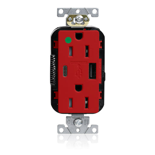 Leviton 15A Lev-Lok USB Tamper-Resistant Hospital-Grade Outlet Type A-C Red (M56AC-HGR)
