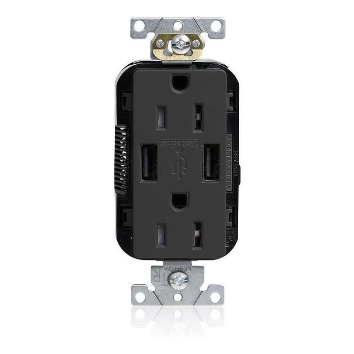 Leviton 15A Lev-Lok USB Tamper-Resistant Outlet Type A-A Black (M56AA-E)