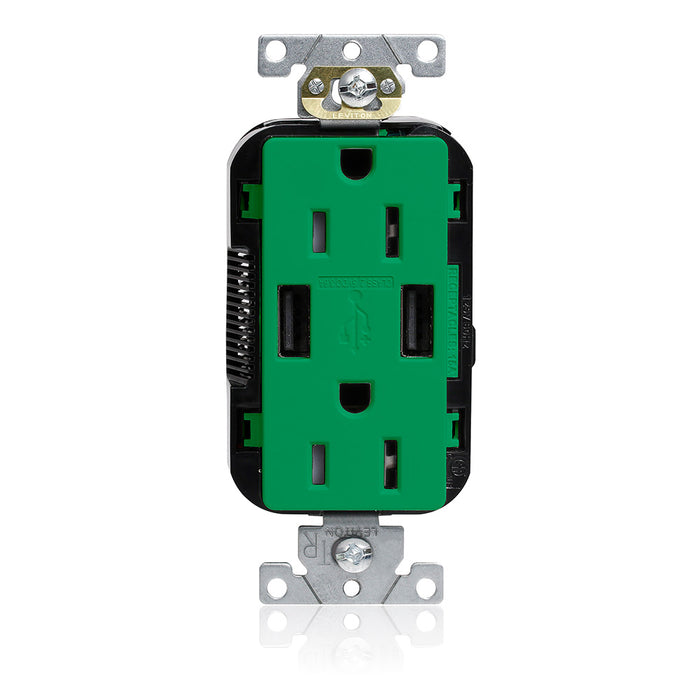 Leviton 15A Lev-Lok USB Tamper-Resistant Outlet Type A-A Green (M56AA-N)