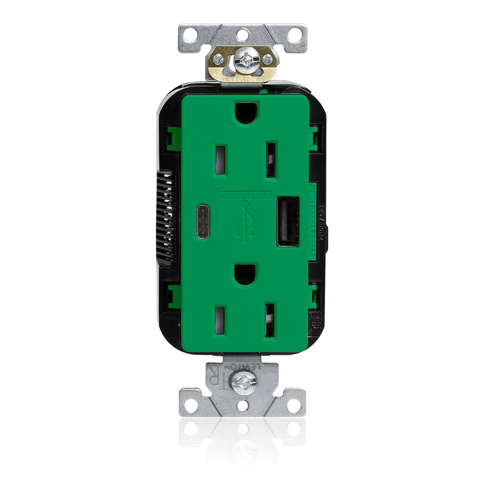 Leviton 15A Lev-Lok USB Tamper-Resistant Outlet Type A-C Green (M56AC-N)