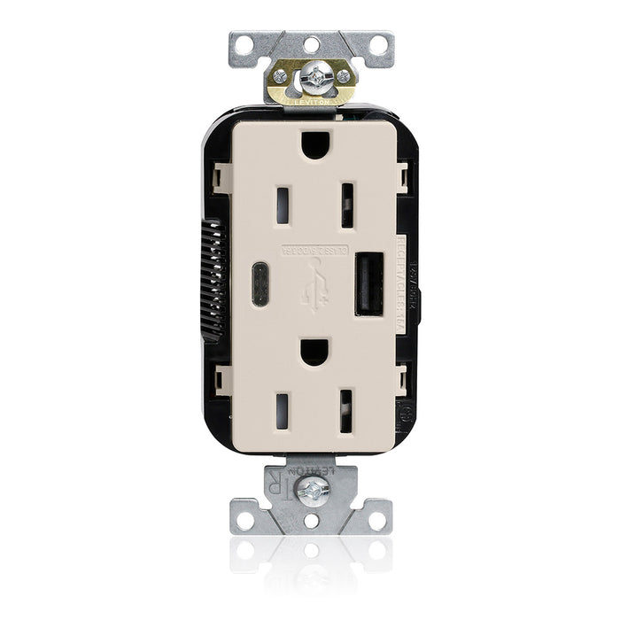 Leviton 15A Lev-Lok USB Tamper-Resistant Outlet Type A-C Light Almond (M56AC-T)