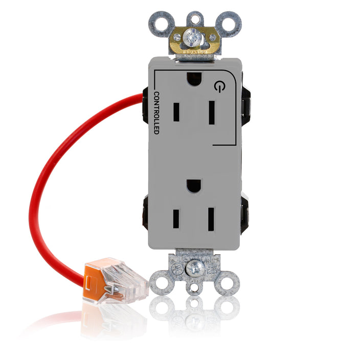 Leviton Lev-Lok Decora Plus Duplex Receptacle Outlet Heavy-Duty Industrial Spec Grade Split-Circuit One Outlet Marked Controlled 15 Amp 125V Modular Gray (M1626-1CG)