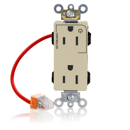 Leviton Lev-Lok Decora Plus Duplex Receptacle Outlet Heavy-Duty Industrial Spec Grade Split-Circuit One Outlet Marked Controlled 15 Amp 125V Modular Ivory (M1626-1CI)