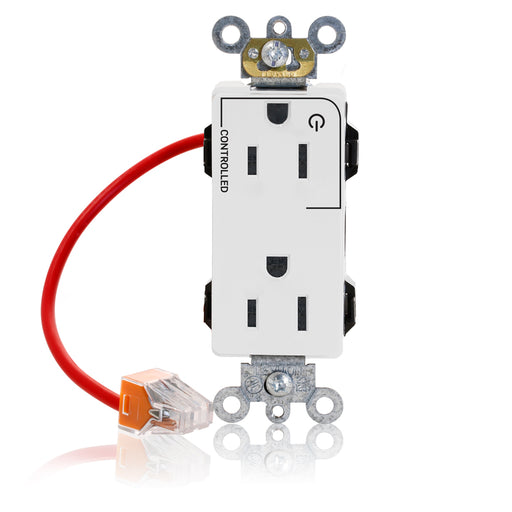 Leviton Lev-Lok Decora Plus Duplex Receptacle Outlet Heavy-Duty Industrial Spec Grade Split-Circuit One Outlet Marked Controlled 15 Amp 125V Modular White (M1626-1CW)