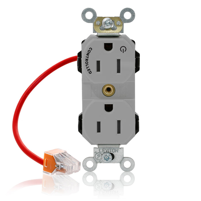 Leviton Lev-Lok Duplex Receptacle Outlet Heavy-Duty Industrial Spec Grade Split-Circuit One Outlet Marked Controlled Smooth Face 15 Amp 125V Gray (M5262-1CG)
