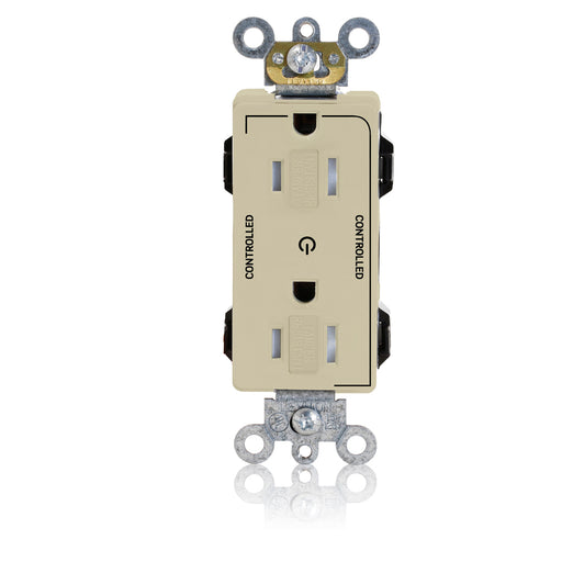 Leviton Lev-Lok Decora Plus Duplex Receptacle Outlet Heavy-Duty Industrial Spec Grade Two Outlets Marked Controlled 15 Amp 120V Ivory (MT162-2I)