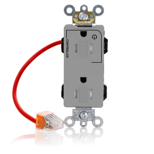 Leviton Lev-Lok Decora Plus Duplex Receptacle Outlet Heavy-Duty Industrial Spec Grade Split-Circuit One Outlet Marked Controlled 15 Amp 125V Gray (MT162-1CG)