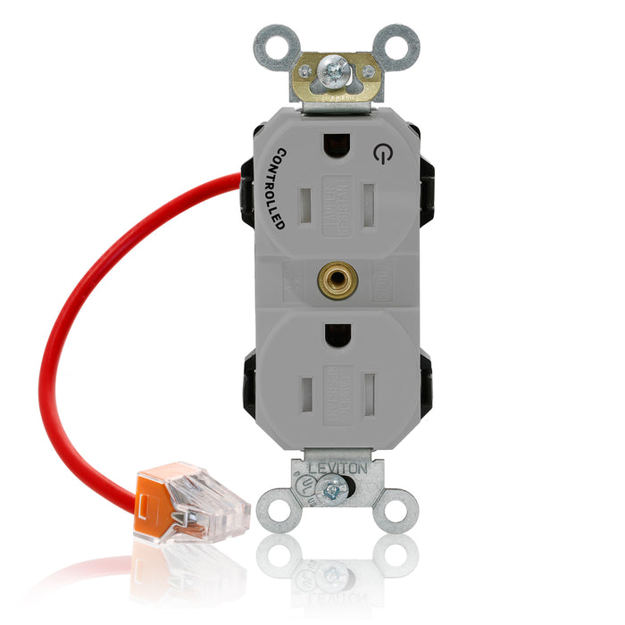 Leviton Lev-Lok Duplex Receptacle Outlet Heavy-Duty Industrial Spec Grade Split-Circuit One Outlet Marked Controlled 15 Amp 125V Modular Gray (MT562-1CG)