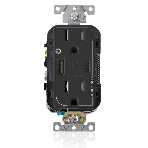 Leviton 15A Marked Controlled USB AC Receptacle Black (T5633-2E)