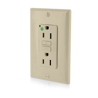 Leviton SmartlockPro GFCI Duplex Receptacle Outlet Extra Heavy-Duty Hospital Grade With Wall Plate Power Indication 15A 20A Feed-Through 125V Ivory (GFNT1-HFI)