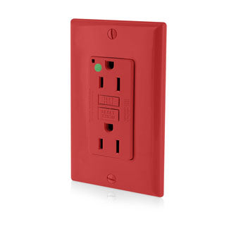 Leviton SmartlockPro GFCI Duplex Receptacle Outlet Extra Heavy-Duty Hospital Grade With Wall Plate Power Indication 15A 20A Feed-Through 125V Red (GFNT1-HFR)