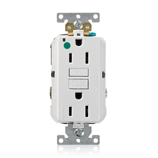 Leviton SmartlockPro GFCI Duplex Receptacle Outlet Extra Heavy-Duty Hospital Grade With Wall Plate Power Indication 15A 20A Feed-Through 125V White (GFNT1-HFW)