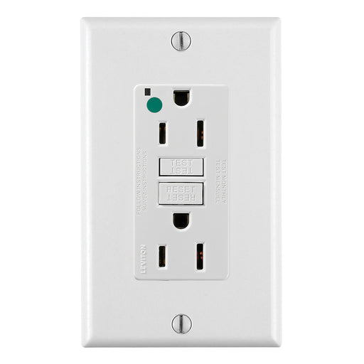 Leviton SmartlockPro GFCI Duplex Receptacle Outlet Extra Heavy-Duty Hospital Grade With Wall Plate Power Indication 15A 20A Feed-Through 125V White (GFNT1-HFW)