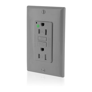 Leviton SmartlockPro GFCI Duplex Receptacle Outlet Extra Heavy-Duty Hospital Grade With Wall Plate Power Indicator `15A 20A Feed-Through 125V Gray (GFTR1-HFG)