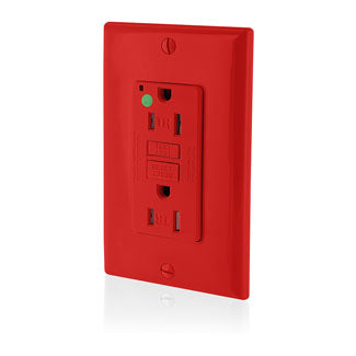 Leviton SmartlockPro GFCI Duplex Receptacle Outlet Extra Heavy-Duty Hospital Grade With Wall Plate Power Indication 15A 20A Feed-Through 125V Red (GFTR1-HFR)