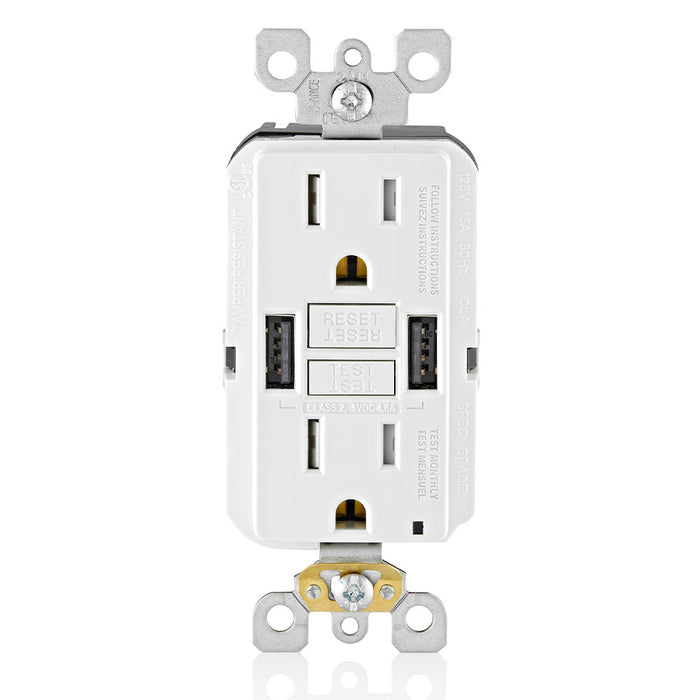 Leviton 15A SmartlockPro GFCI Combination 24W Type A USB In-Wall Charger Outlet (GUSB1-W)