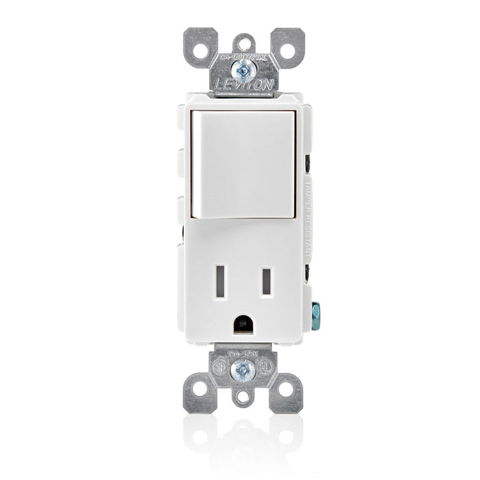 Leviton Tamper-Resistant Rocker Style Combination Decora Switch And Receptacle/Outlet 15a-120VAC Single-Pole Switch 15a-12 Premium Spec Grade White (T5625-W)