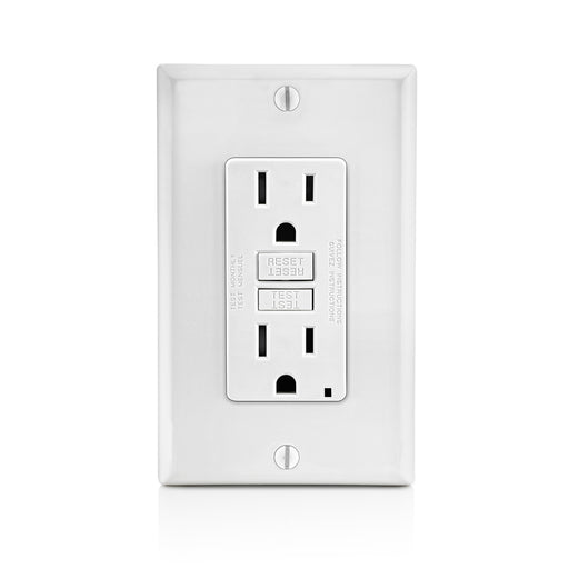 Leviton 15 Amp 125V Receptacle/Outlet 20 Amp Feed-Through Tamper-Resistant Self-Test SmartlockPro GFCI Monochromatic Back And Side Wired White (GFTR1-MW)