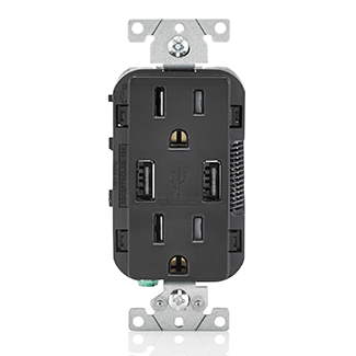 Leviton Combination Duplex Receptacle/Outlet And USB Charger 15 Amp 125V Decora Tamper-Resistant Receptacle/Outlet NEMA 5-15R Black (T5632-E)