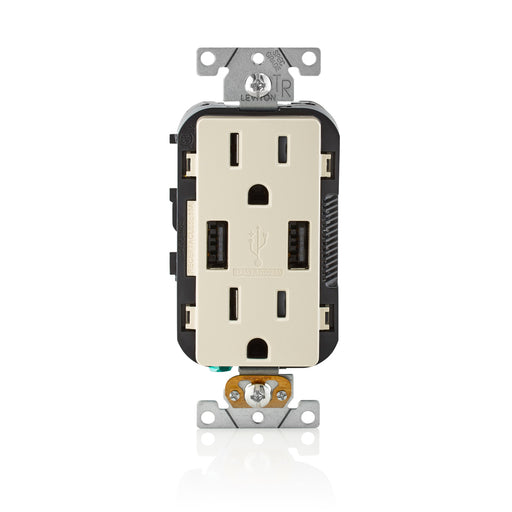 Leviton Combination Duplex Receptacle/Outlet And USB Charger 15 Amp 125V Decora Tamper-Resistant Receptacle/Outlet Self-Grounding Light Almond (T5632-ST)